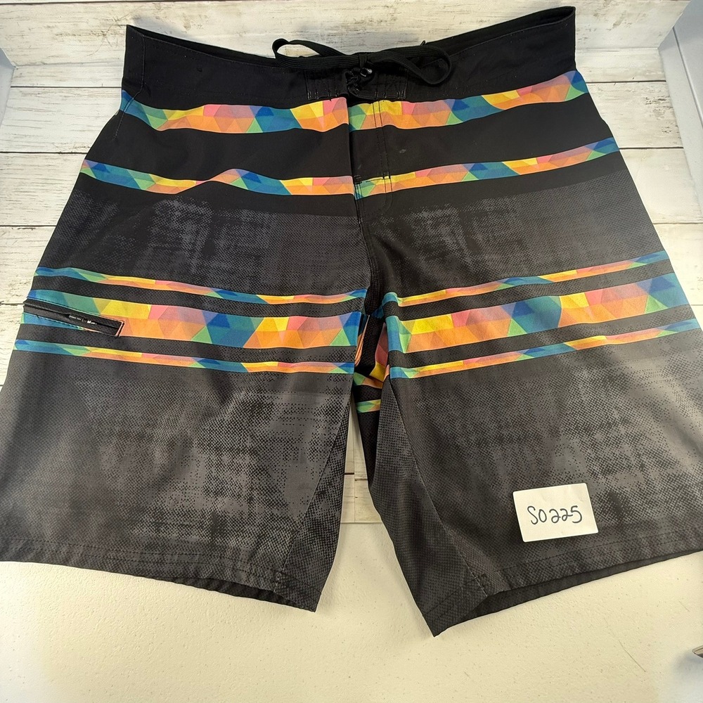 Hang‎ Ten Mens Board Shorts Size 38 Black Geometric Prism Stripe Swim Trunks